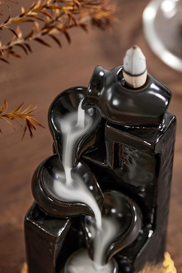 Unique Cascading Basins Ceramic Waterfall Incense Holder, Paired with a Pack of Backflow Incense Cones. (Black)