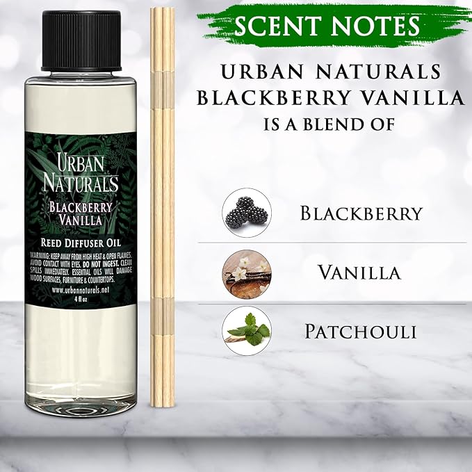 Urban Naturals Reed Diffuser Oil Refill, BlackBerry Vanilla Diffuser Oil with Blackberries, Vanilla, Patchouli, 4 oz + Free Reed Sticks, Made in The USA