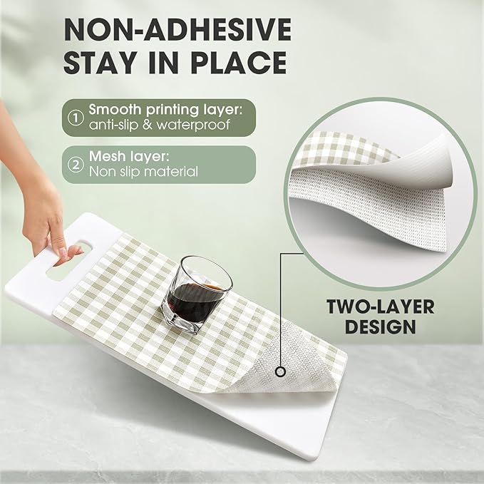 Drawer and Shelf Liner, Non-Slip Kitchen Cabinet Liners Non-Adhesive Thick Strong Grip Waterproof Washable Mats Protect Dresser Shelves Cupboard Bathroom Cabinets, Green Plaid, 24 in X 20 FT