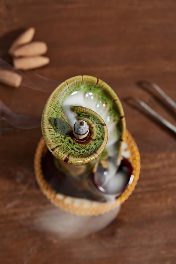 Unique Cloud Stairs Ceramic Waterfall Incense Holder, Paired with a Pack of Backflow Incense Cones. (Fambe Green)