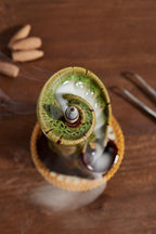 Unique Cloud Stairs Ceramic Waterfall Incense Holder, Paired with a Pack of Backflow Incense Cones. (Fambe Green)