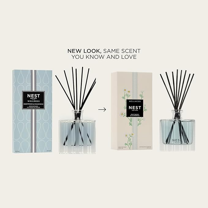 NEST New York Reed Diffuser, Driftwood & Chamomile - 5.9 fl oz - Fragrance for Up to 90 Days - Reusable, Refillable Glass Holder - Includes 8 All-Natural Reed Sticks - Flame Free