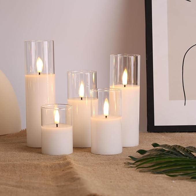 Eywamage Clear Glass Flameless Candles with Remote Batteries, Slim Tall LED Pillar Votive Candles Battery Powered, Set of 5