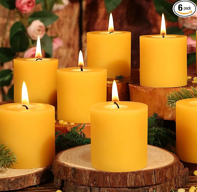 2x2 in Beeswax Pillar Candle- 6pcs, 120-Hour Burn Time Beeswax Candles, Natural Honey Scent, Bees Wax Candles for Meditation, No Odor, Burning Releases Negative Ions to Purify The Air