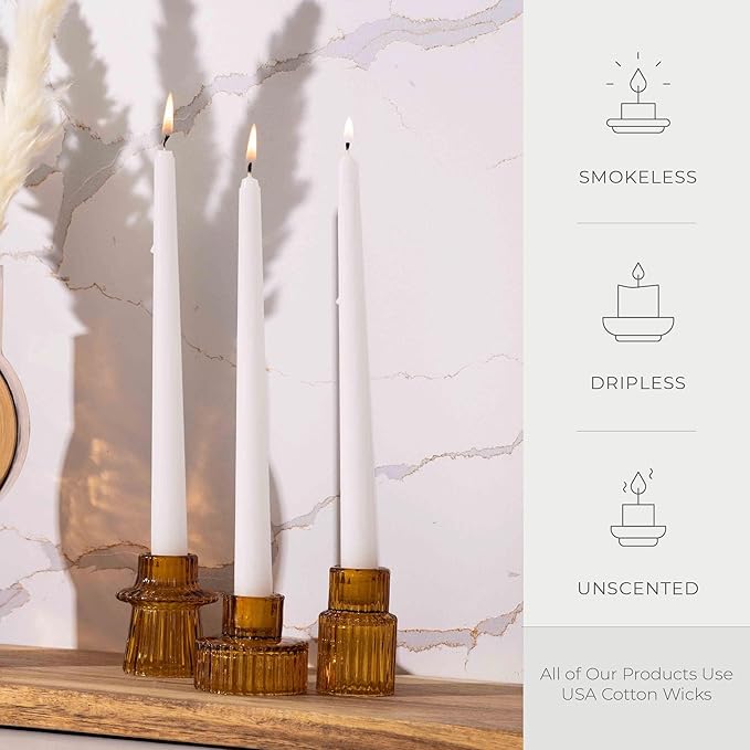 Bask 10-inch Taper Candles - Unscented and Dripless - Burns for 8 Hours - Home Decor for Dinner Table, Kitchen, and Bedroom - Perfect for a Romantic Date or Anniversary - 12-Pack - Ivory