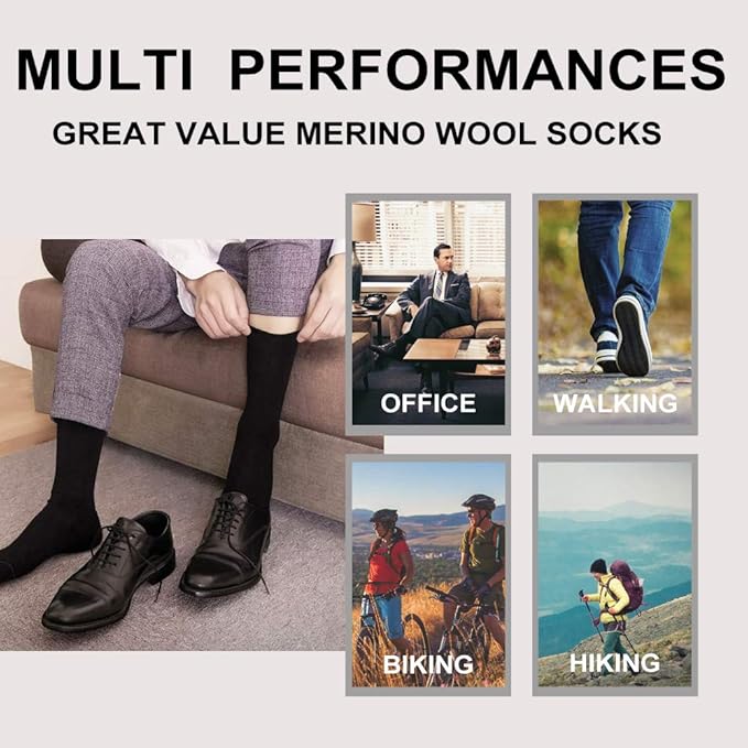 LIXIA Men's Thin Merino Wool Socks, Cozy Winter Warm Breathable Mid-calf Casual Dress Liners 3/6 Pairs Pack