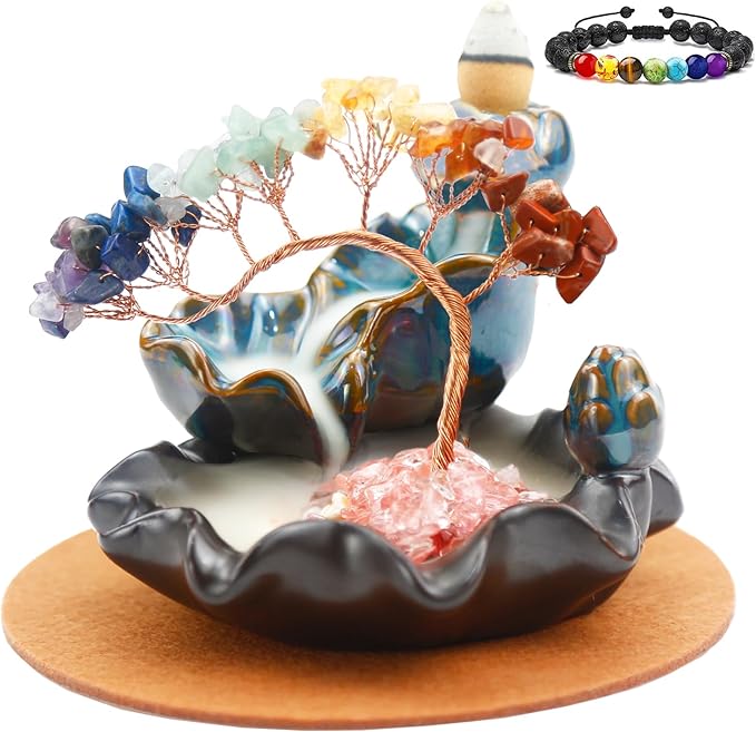 Chakras Backflow Incense Burner, Crystal Tree Incense Waterfall Fountain, Cone Incense Holde, Living Room Shelf Aesthetic Decor