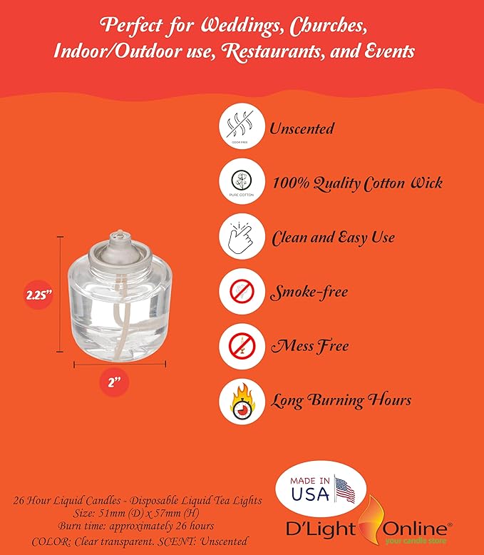 D'light Online HD26 Disposable 26 Hours Liquid Candles, Clear Plastic Disposable Fuel Cells for Wedding Table Top Lights, Restaurant Tables and Emergency Candles- (26 Hours, Set of 60)