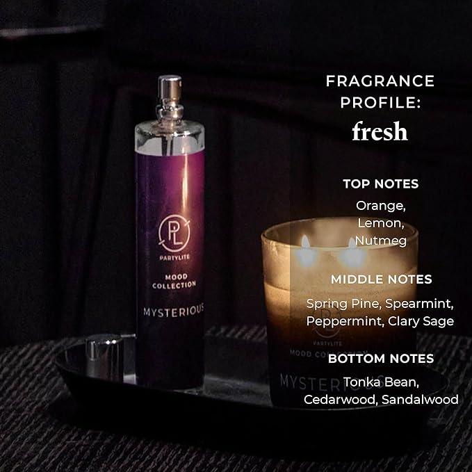 PartyLite Mysterious Scented Room Spray, 100mL, with Notes of Citron, Nutmeg & Clove and Patchouli, Part of The Mood Collection, Warm & Earthy, Perfect for Gifting