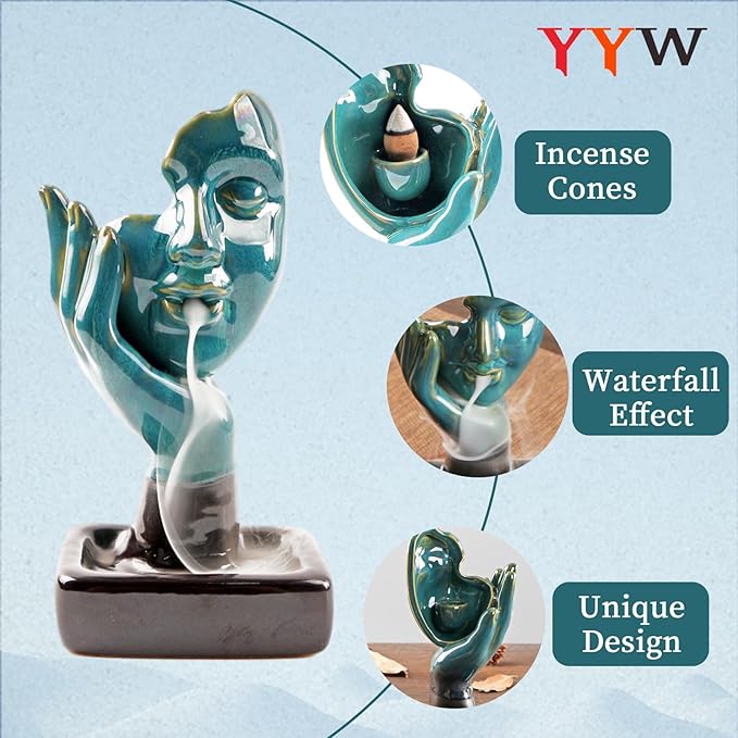 YYW Ceramic Incense Holder,Meditative Backflow Waterfall Incense Burner,Face Thinking Incense Waterfall with 20 Backflow Incense Cones + 30 Incense Stick for Women Men Room Decor
