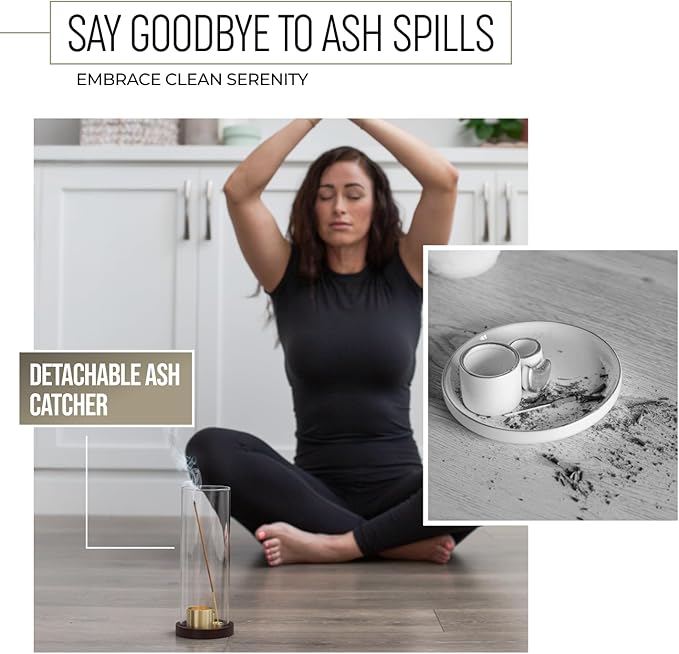 4 in 1 Wood Incense Burner with Glass Ash Catcher, Incense Holder for Sticks, Palo Santo, Sage and Cones - Wood Ash Catcher Tray for Meditation Yoga Room Home Decor