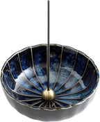 Asayu Japan Lotus Incense Holder for Sticks 4.1 inch (105 mm), Traditional Made in Japan Ceramic Ash Catcher and Brass Incense Burner Set - Navy Dark Blue Lotus