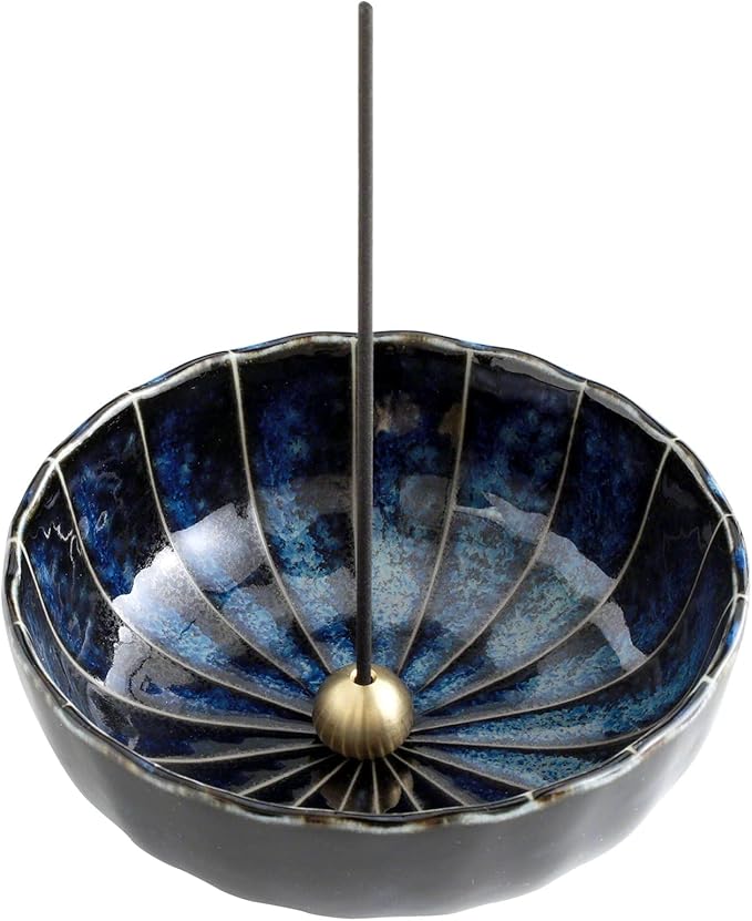 Asayu Japan Lotus Incense Holder for Sticks 4.1 inch (105 mm), Traditional Made in Japan Ceramic Ash Catcher and Brass Incense Burner Set - Navy Dark Blue Lotus