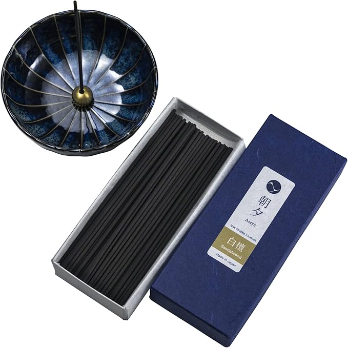Gift Set: Sandalwood Incense Sticks & Navy Blue Lotus Holder by Asayu Japan