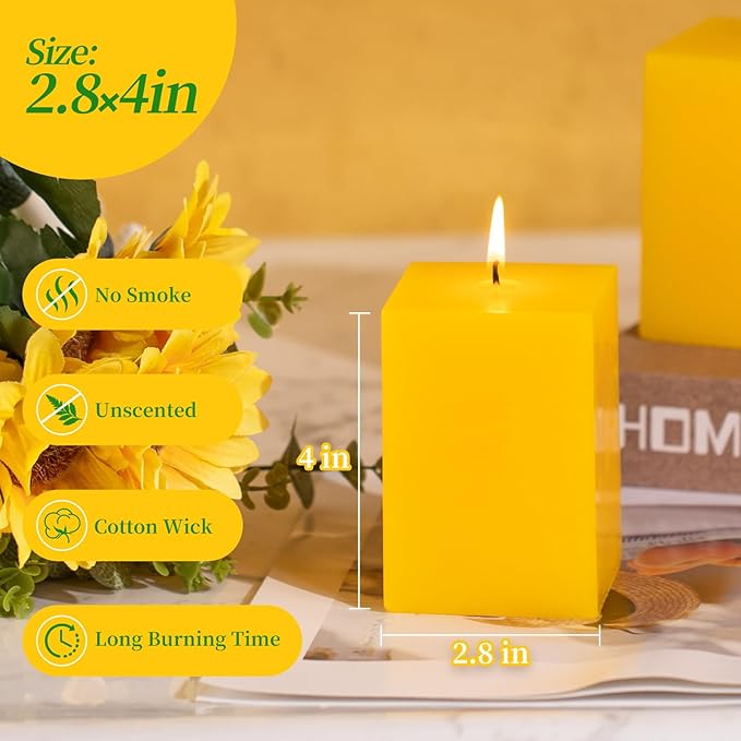 KONNI Square Yellow Pillar Candles Set of 3, 2.8"x 4" Unscented Pillar Candles Bulk, 30 Hours Long Burning Candles, Smokeless and Dripless Large Candle for Wedding, Home Decoration, Parties, Spas