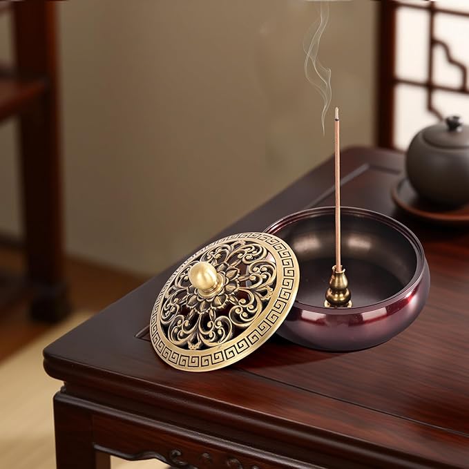 Copper Incense Burner with Stick Holder, Incense Stick Holder Cone Coil Holder with Fireproof Cotton for Madiation Yoga Spa Home Office Decor (Brown)