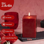 KONNI Square Dark Red Pillar Candles Set of 3, 2.8 x 4 inch Unscented Pillar Candles Bulk, 30 Hours Long Burning Candles, Smokeless Dripless Large Candle for Wedding, Home Decoration, Parties, Spas