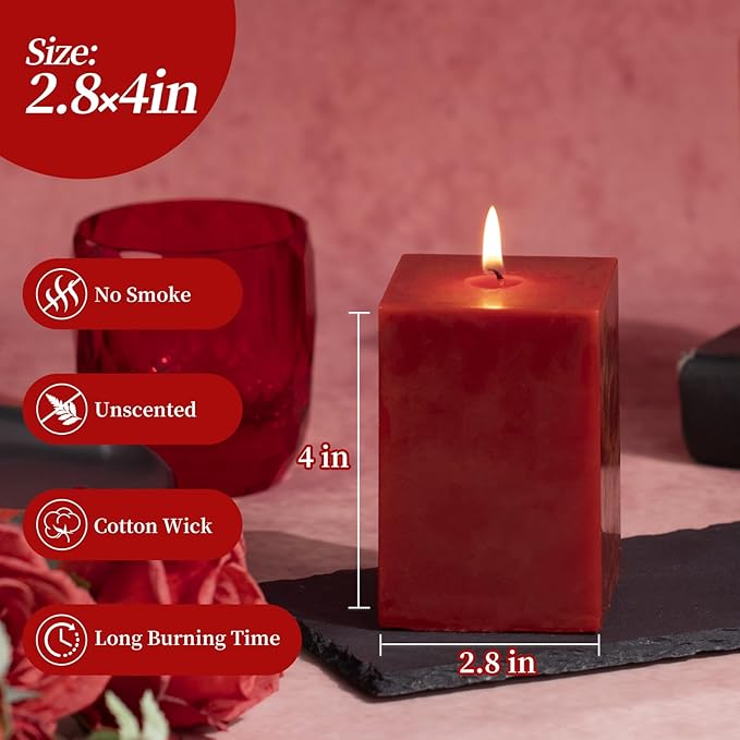 KONNI Square Dark Red Pillar Candles Set of 3, 2.8 x 4 inch Unscented Pillar Candles Bulk, 30 Hours Long Burning Candles, Smokeless Dripless Large Candle for Wedding, Home Decoration, Parties, Spas