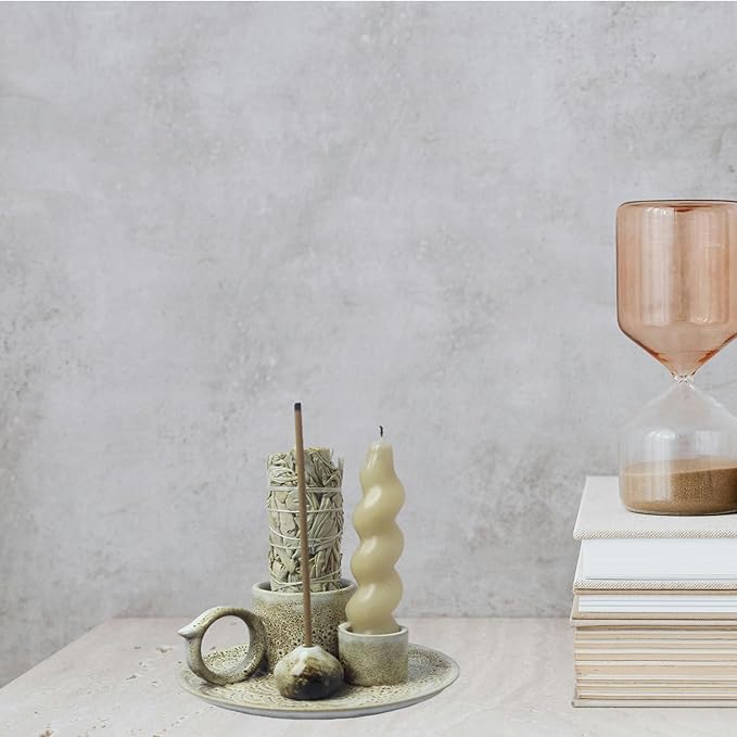 4 in 1 Incense Burner Holder for Sticks, Palo Santo Sticks Holder, Candle and Sage Holder for Burning Ceramic Ash Catcher Tray for Meditation Yoga Room Home Decor (Gray)