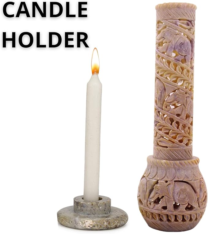 Carry Me Hand Carved Soapstone Incense Stick Holder | Candle Burner | Tea Light Stand. Elephant Jaali Carving Bottle Shape. Decorative Home and Kitchen Decor - (3x3x10.5 Inches)