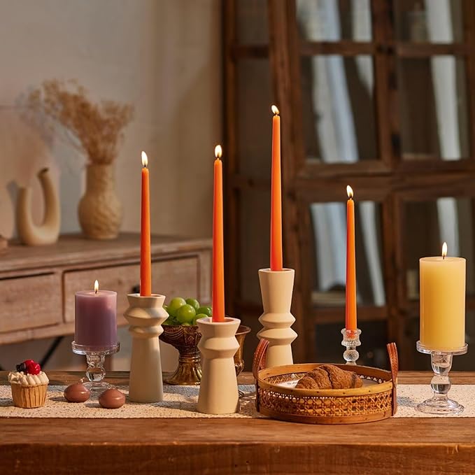 New Burning Formula Unscented Dripless 10-Inch Taper Candles Set of 12 - Orange, for Wedding, Dinner - Smokeless, Long Burning - Hand Poured, Colored Tall Candlesticks - Naranja