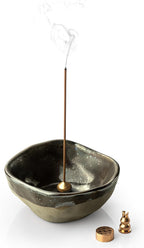 Ceramic 4 in 1 Incense Burner, 4.25 Inch Incense Holder with 3 Refined Copper Incense Sockets, Unique Round Shape Insence-Stick Holder for Meditation Decor, Yoga, SPA, Black