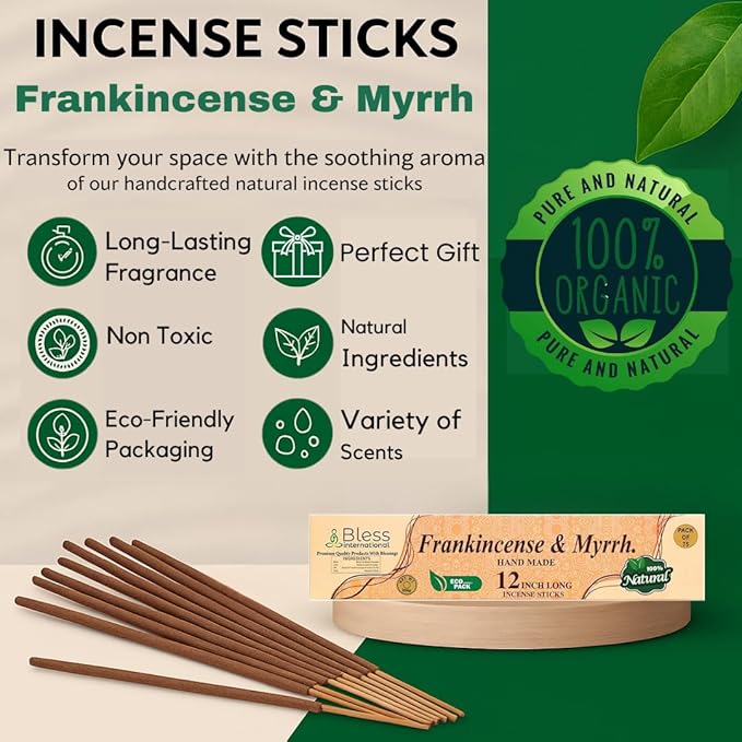 Bless-International-Frankincense-and-Myrrh 100%-Natural-Handmade-Incense-Sticks Organic-Chemicals-Free-for-Relaxation-Positivity-Yoga-Meditation 12-Inches-1-Hour-Plus-Burning-Time-75-Sticks-7-OZ