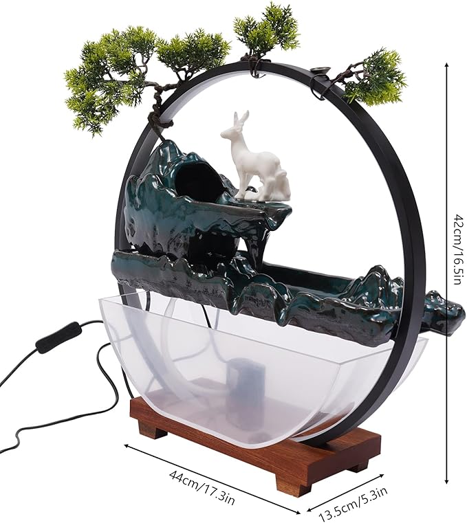 Backflow Incense Holder with Water Fountains and LED Light, Rockery, Deer and Aquariums Perfect for Relaxing or Home Decor (Deer witn Fish Tank)