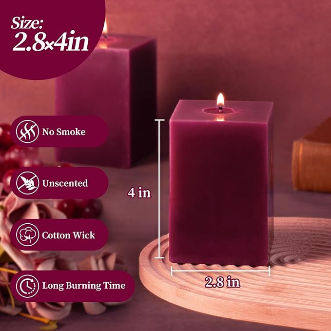 KONNI Square Purple Pillar Candles Set of 3, 2.8"x 4" Unscented Pillar Candles Bulk, 30 Hours Long Burning Candles, Smokeless and Dripless Large Candle for Wedding, Home Decoration, Parties, Spas