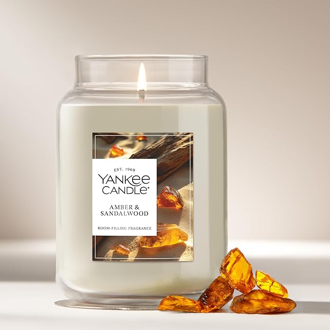 Yankee Candle Large Jar Scented Candle with up to 150 Hour Burn Time, Premium Plant Wax Blend for Consistent Burn, 22 oz Jar Candle with Room Filling Fragrance, Amber & Sandalwood