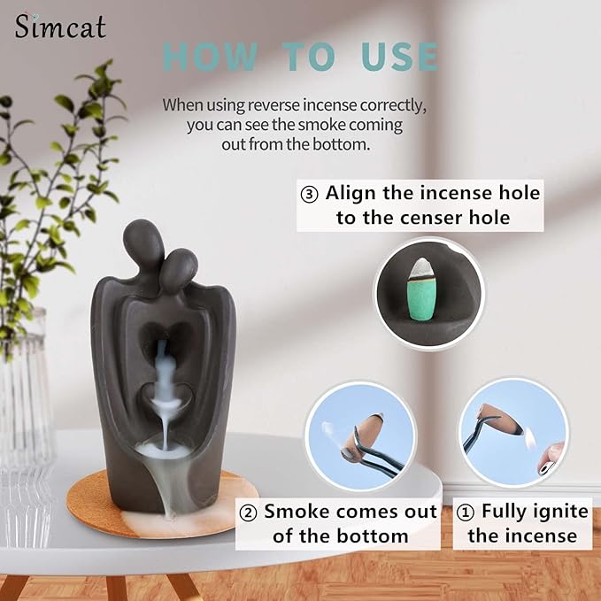 Simcat Backflow Incense Burner Handicraft Hugging Lovers Incense Waterfall Burner Ceramic Incense Holder Censer Romantic Home Decor +20 Backflow Incense Cones 30 Incense Sticks 1 Tweezer 1 Mat