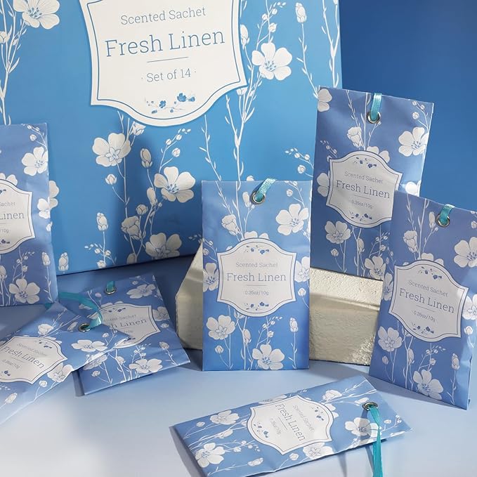 SCENTORINI Scented Sachets for Drawers and Closets, Linen Scent 14 Pack, Long-Lasting Sachets Bags Wardrobe Freshener, for Shoe Wardrobe, Cupboard