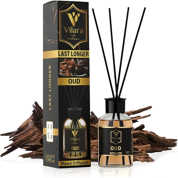 Oud Diffuser Set with Sticks - Reed Diffuser for Bathroom, Bedroom, Office, Living Room - Woody Aromatics for Home Aromatherapy - Luxury Fragrance Sticks Diffuser Set - 3.72 fl oz