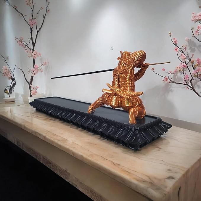 Samurai Incense Holder, Incense Burner with Storage Box, Ash Catcher, Warrior Incense Burner for Aromatherapy, Meditation, Yoga (Silk-Copper Samurai & Black Box)