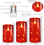 Flashing Flameless Candles with String Light, Battery Powered Candle, Recessed String LED Candle, Indestructible Plexiglass Candles with Remote Control, 3 Piece Set, Red