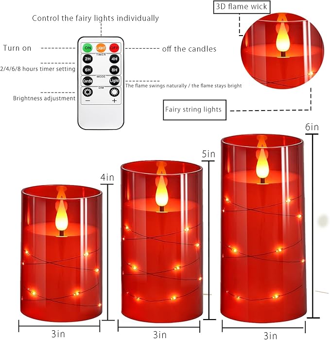Flashing Flameless Candles with String Light, Battery Powered Candle, Recessed String LED Candle, Indestructible Plexiglass Candles with Remote Control, 3 Piece Set, Red