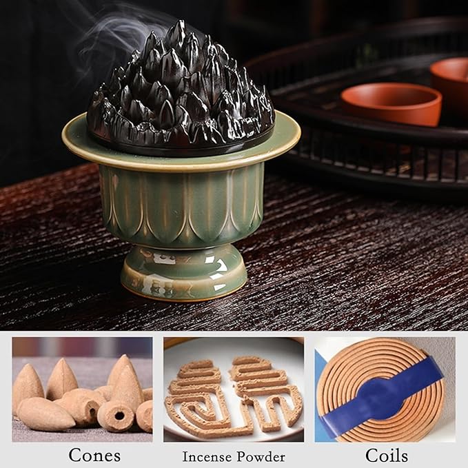 Ceramic Incense Burner with Lid of Mountain Shape,Incense Cone Holder for Coil Incense and Powder Incense,Mediation Gift,Room Decor(Celadon)