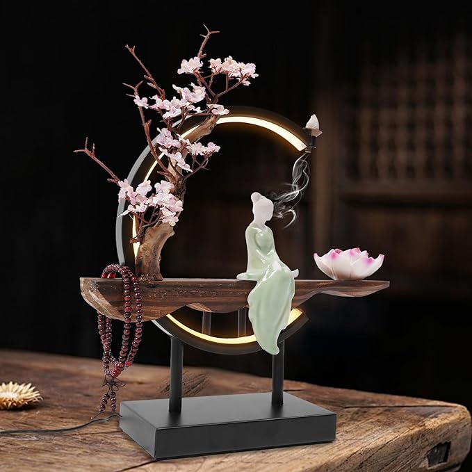 Backflow Incense Holder Incense Burner with Adjustable LED Light Ring Chinese Style Handmade Flower Censer,Compatible with Cone and Stick Incense (C)