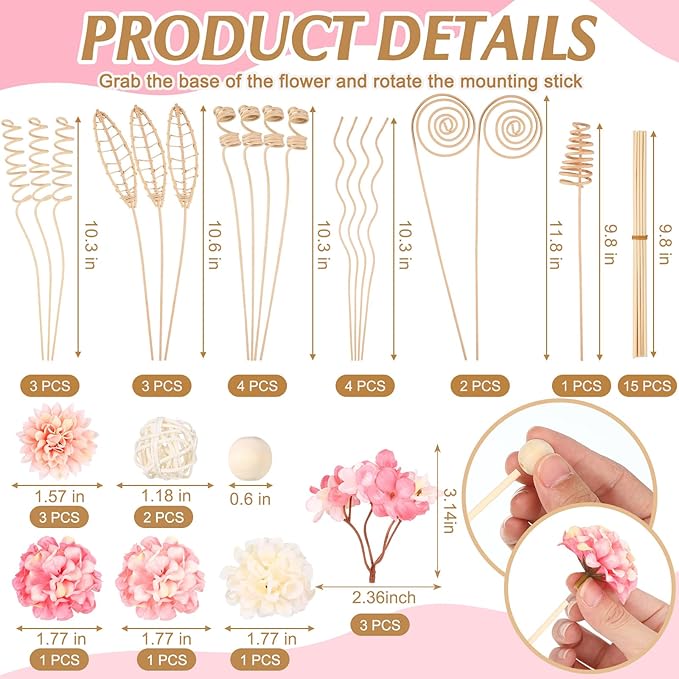 Queekay 32 Pcs Reed Diffuser Sticks Set Include 21pcs Natural Rattan Wood Beads, 11 Style Fragrance Diffuser, Rattan Reed Fragrance Replacement for Home(Pink Color)