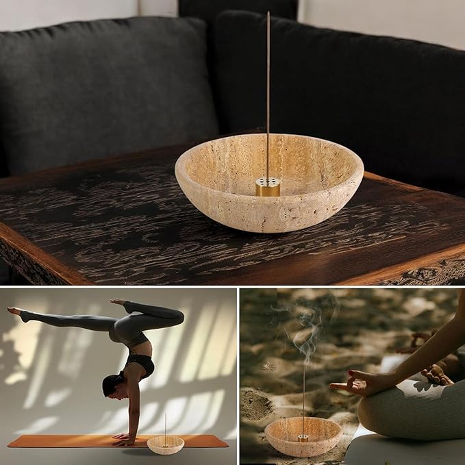 Koville Turkish Natural Travertine Incense Holder, 6" Incense Holders for Sticks, Sturdy Incense Burner Ash Catcher, Ideal for Meditation, Relaxing, Easy to Clean