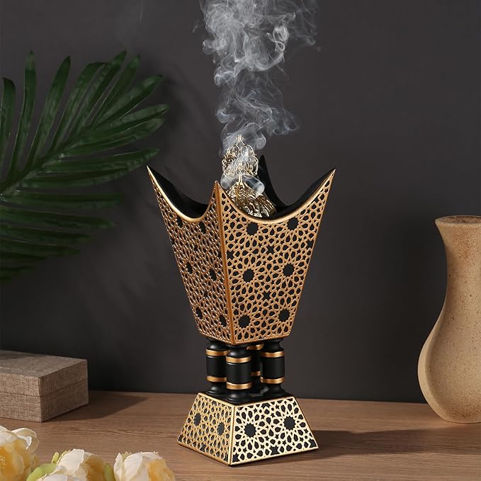 Bakhoor Incense Burner, Oud Frankincense Resin Burner 8.85Inches Tall,Charcoal Incense Burner - for Yoga, Spa Aromatherapy, Office & Home Decor (Trophy Shape) (Black)