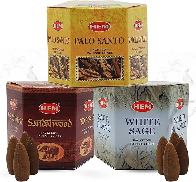 Hem Backflow Incense Cones for Waterfall (3 Types, 120 Cones) - Palo Santo, White Sage & Sandalwood | Strong Heavenly Scent With Thick White Fountain