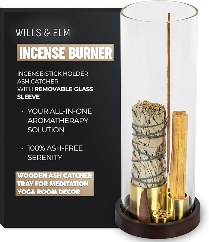 4 in 1 Wood Incense Burner with Glass Ash Catcher, Incense Holder for Sticks, Palo Santo, Sage and Cones - Wood Ash Catcher Tray for Meditation Yoga Room Home Decor
