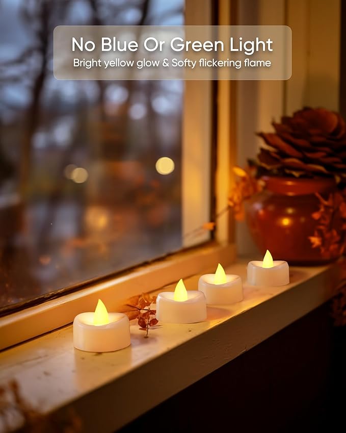 Flameless Candles, 24Pack Timer Fake Candle, LED Tea Light Candles, Battery Operated Votives with 6 Hours Timer Auto for Halloween Christmas Wedding Decor-1.5'' D X 1.25'' H, Warm Yellow