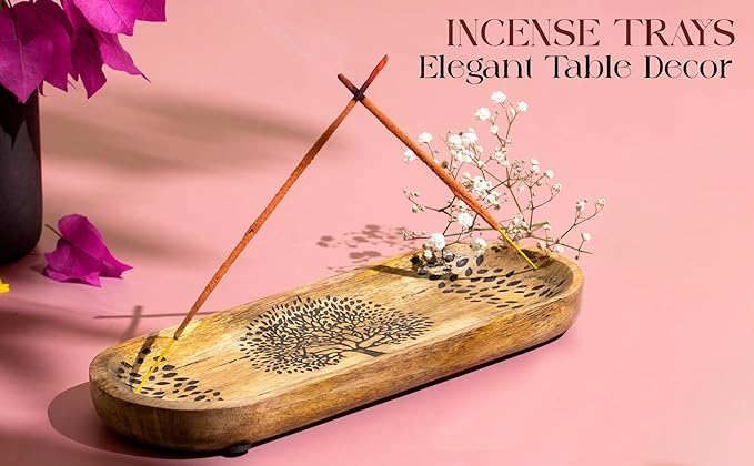 Incense Holder for Sticks Hand Carved - Tree of Life - Incense Burner/Ash Catcher- Handmade Wooden Insence Tray – Modern Gift Home/Room/Kitchen Décor 11x4x1.5 Inch