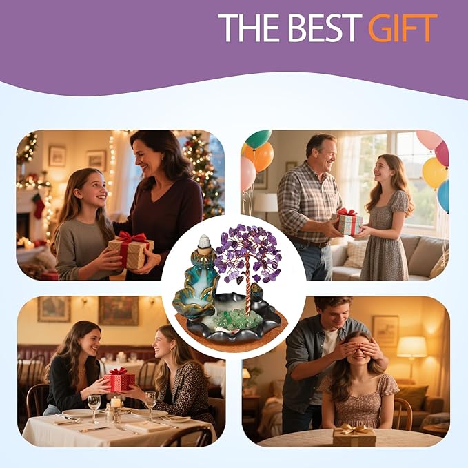 Amethyst Incense Holder Burner, Waterfall Fountain Backflow Cone Burner, Healing Crystal and Stone, Women Gifts for Christma