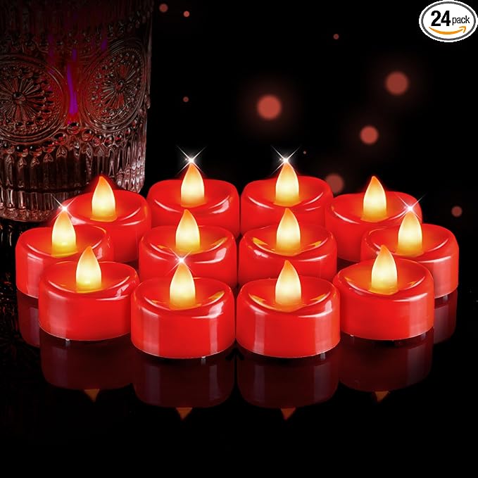 5plots Flameless Candles, 24Pcs Tea Lights Candles Battery Operated, Flameless Tealight Candles, Electric Tea Lights Votive Candles - Red - 1.5" x 1.25"- No Flicker