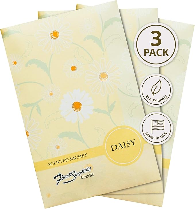 Daisy Scented Sachets Pack of 3, Spring and Summer - Long-Lasting Scented Bags, Home Fragrance, Air Freshener & Deodorizer for Closet, Room, Drawer, or Cars, Made in USA
