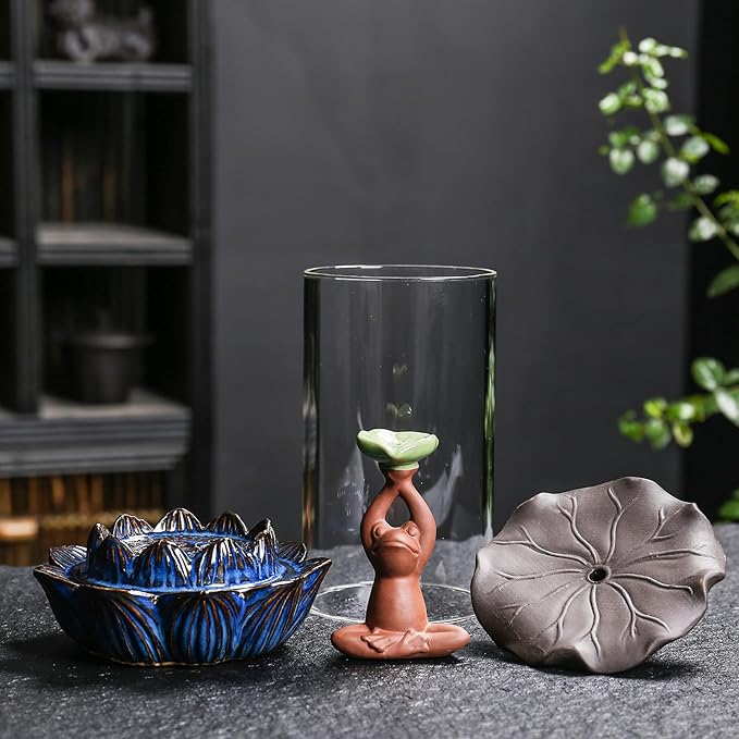 ChangWanna Frog Incense Burner Holder - Ceramic Lotus Incense Holder Ash Catcher, Glass Incense Holder for Sticks, Insence-stick Holder Ornament for Aromatherapy/Yoga/Meditation/Home Room Office Decor
