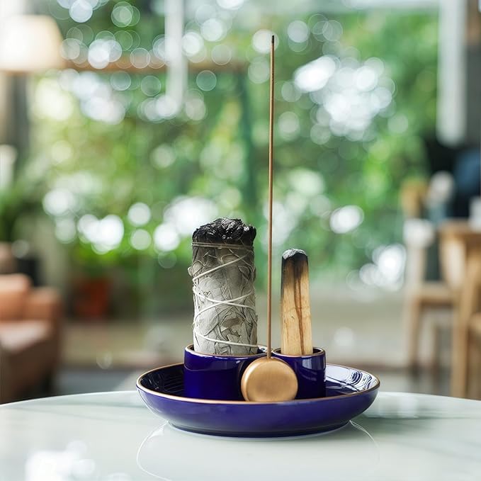4 in 1 Incense Holder, Ceramic Incense Stick and Palo Santo Holder,Sage Holder for Burning- 5.5" Ceramic Ash Catcher Tray for Meditation and Yoga Room (Blue Golden)